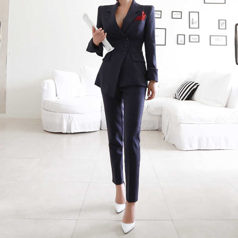

Suit female spring and autumn women's fashion striped slim single-breasted small suit jacket casual trousers two-piece 210527