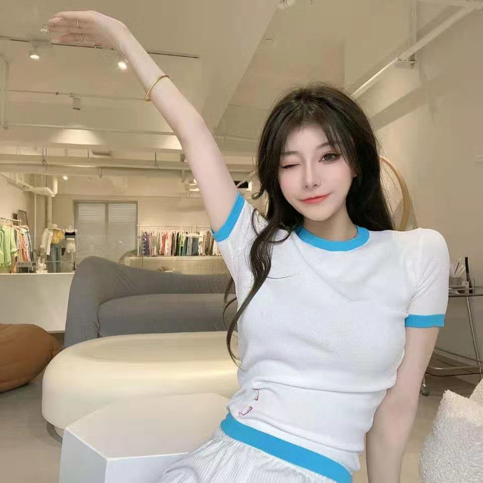 

Women's T-Shirt, knit round neck slim fashion color matching top thin breathable bottom shirt short sleeves, White