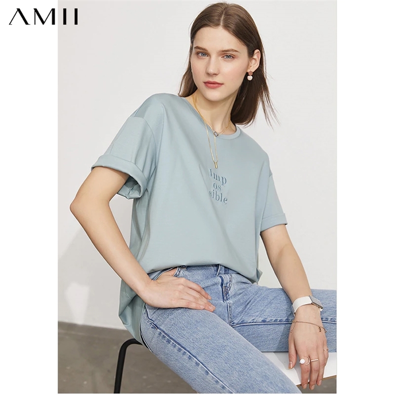 

Amii Minimalism Summer Women's Tshirt Fashion Letter Embroidery Oneck Loose Female Causal 1210 210708, Black