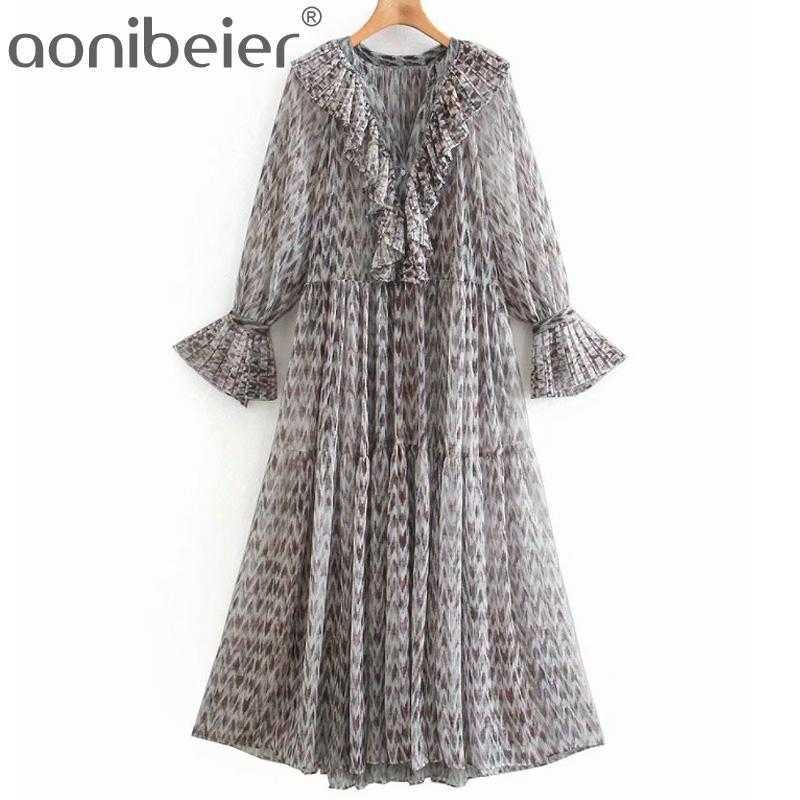 

Spring Women V Neck Cascading Ruffle Pressed Pleat Chiffon Printed Dress Female Long Sleeve Clothes Lady Loose Vestido 210604, Grey