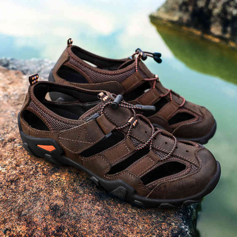 

slippers summer luxury sandals men breathable genuine leather outdoor sandalias trekking casual beach shoes male loafers big size, Black