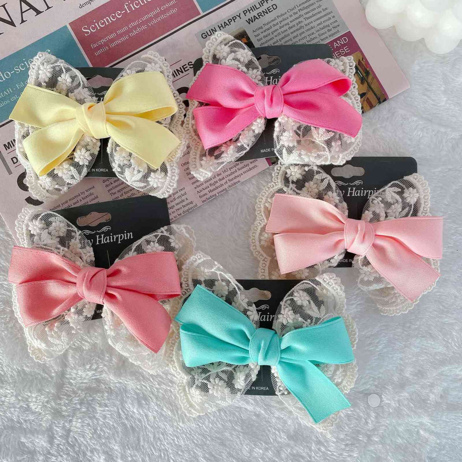 

net Red Lace Bow hairpin banger girls' hairpin simple Korean side clip, 2. sky blue