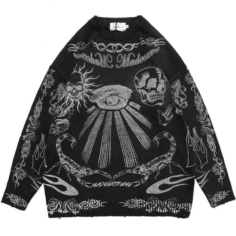 

2021 hip hop streetwear men oversized skull printed vintage pullover knitted gothic punk jumper skeleton fashion sweater, Black