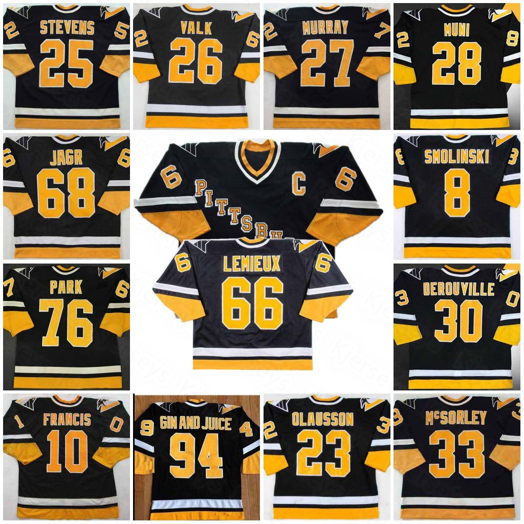 

Vintage 66 Mario Lemieux Hockey Jersey Bryan Smolinski Jaromir Jagr Ron Francis Ken Wregget Tom Barrasso Shawn McEachern Mcsorley Murphy Joe, Black;red