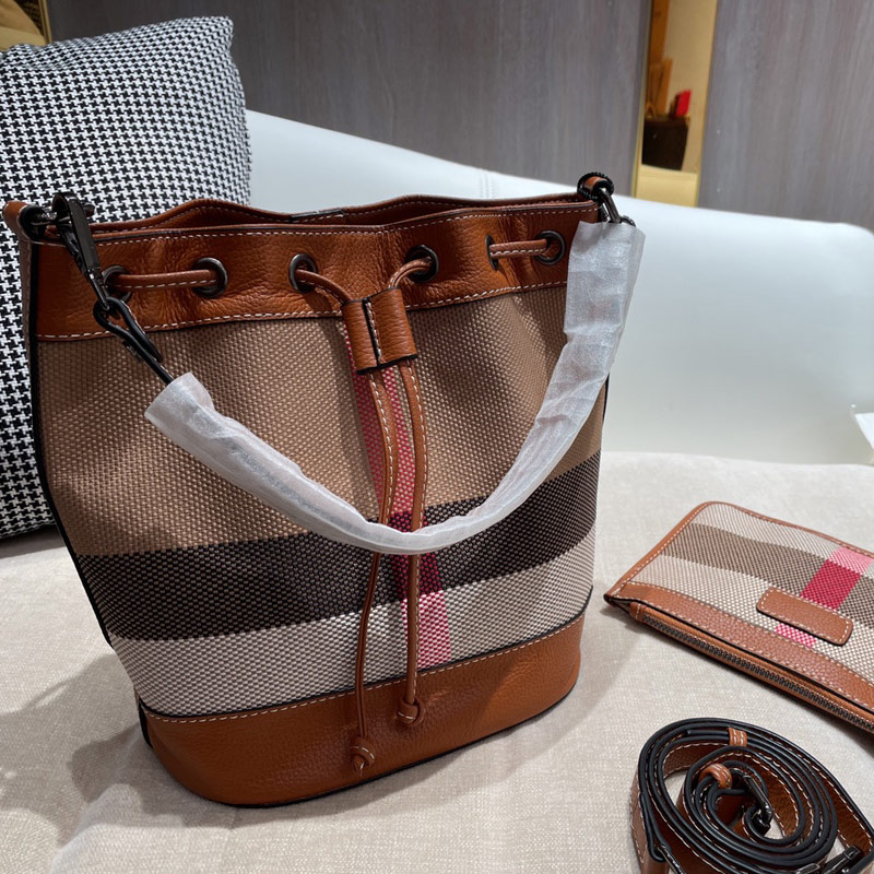

Drawstring Bucket Bag Plaid Crossbody Shoulder Bags Canvas Checkered Women Handbag With Zipper Pocket Removable Strap Free Ship