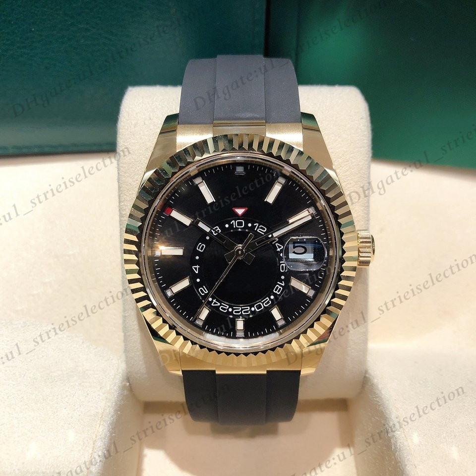 

New Style Rubber strap 42mm Sky Deluxe Men Watches Automatic Mechanical Fashion Business Stainless Steel Gold Luminous sapphire Waterproof Watch,With box, As is show in