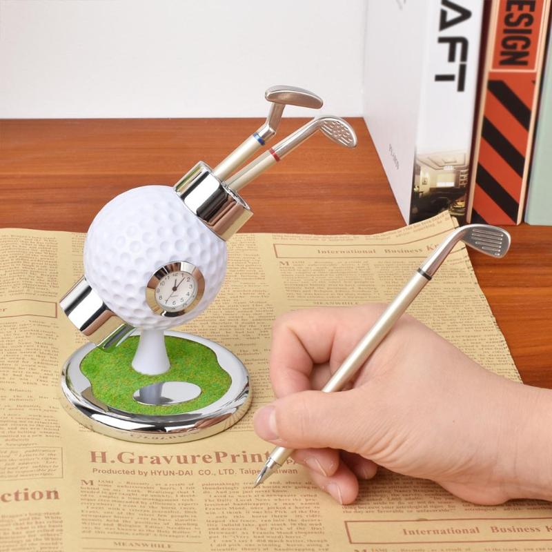 

Golf Pen Holder With Clock Office Desktop Decoration Ball Stand 3 Color Souvenirs Unique Gifts For Golfer Training Aids
