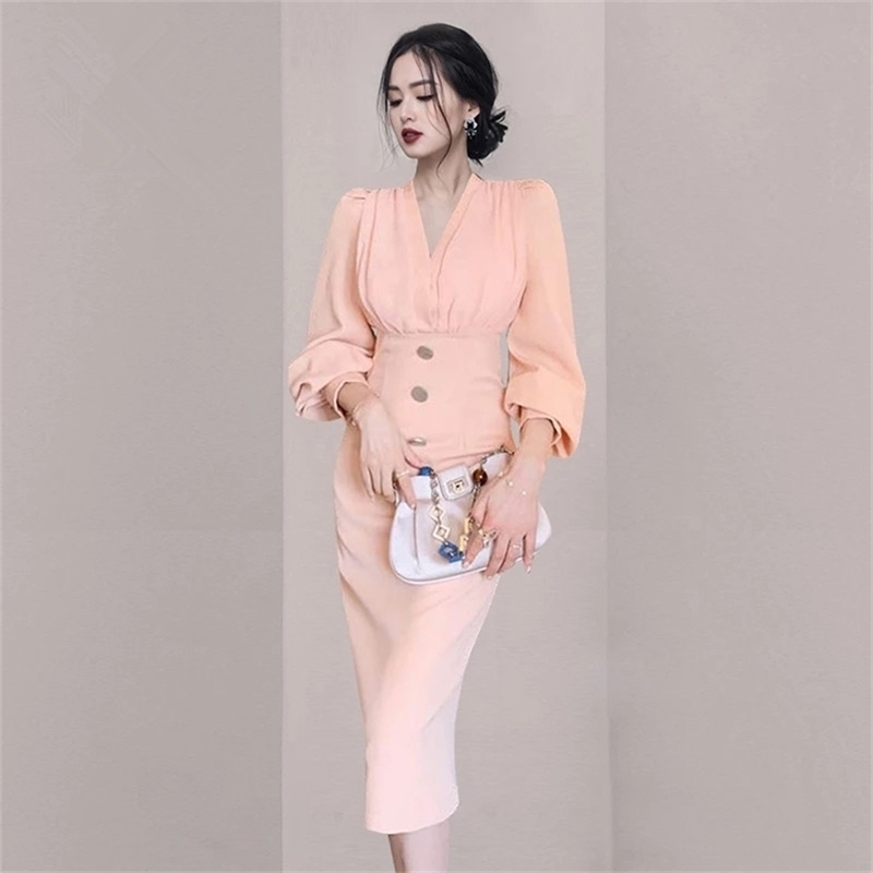 

Women Single Breasted Wear to Work Elegant vestidos Business Office Lady Party Bodycon Sheath Female Dress 210603, Picture color