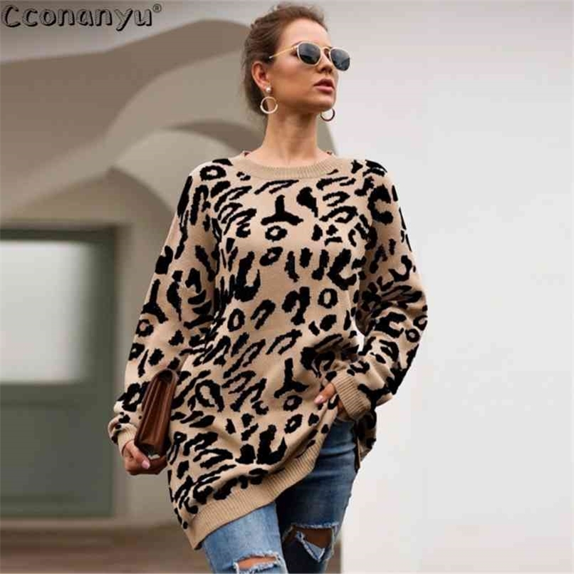 Autumn winter clothing ladies long sweater fashion womens loose pullovers and s leopard print knitted 210914