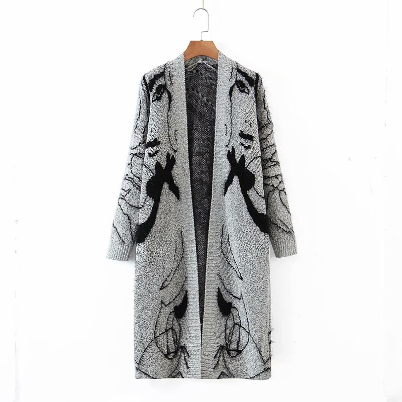 

Vintage Woman Grey Embroidery Long Cardigan Spring-Autumn Fashion Soft V Neck Knitted Sweaters Ladies Casual Knitwear 210515