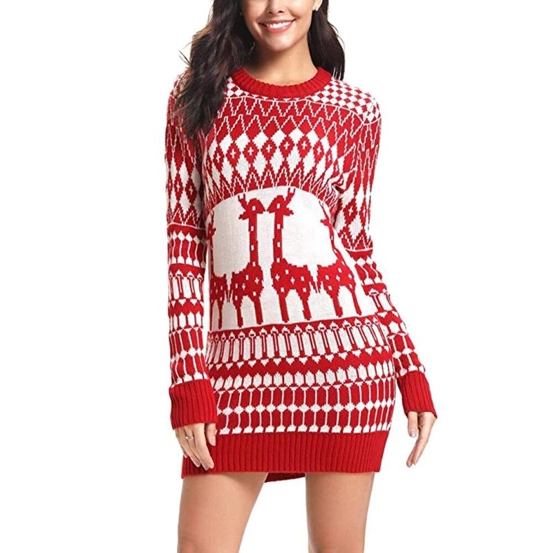 

Autumn Winter Christmas Long Sweaters Dress Ladies Knitted Jumper Pullover Women Sweater Snowflake Elk Print Pullovers 210603, Red