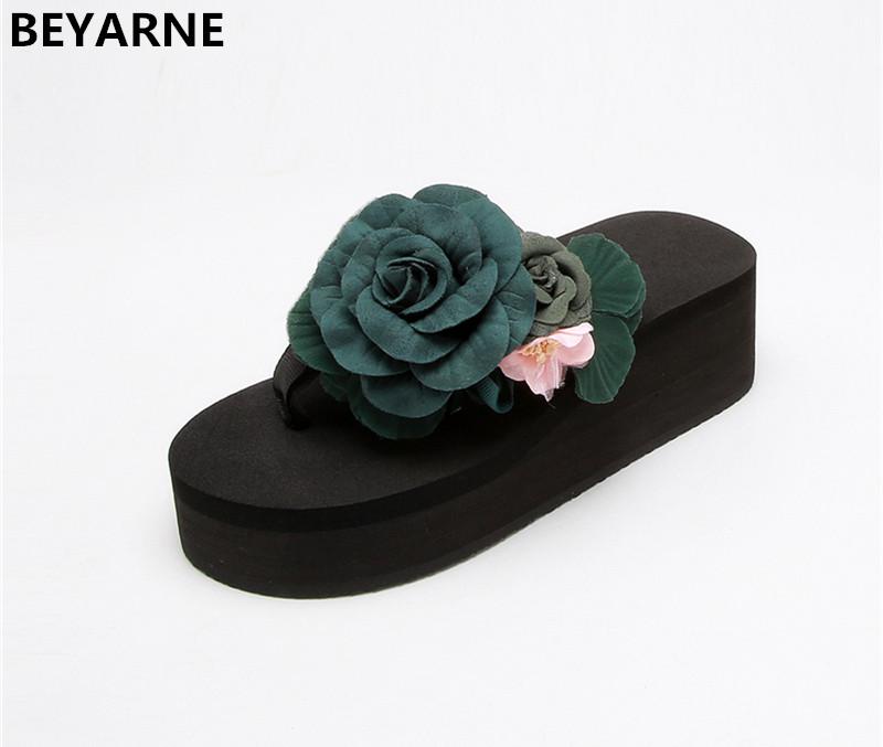 

Slippers BEYARNE Fashion Woman Mid Heels Wedges Shoes Lady Students Summer Sandals Women Beach Flip Flops Slides Flowers 5cm 36-40, Black