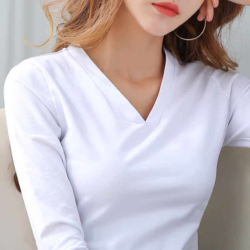 

Fashion Shirts Women Long Sleeve V-neck T Solid White Cotton T-shirt Clothes Tshirt Tops C672 210602
