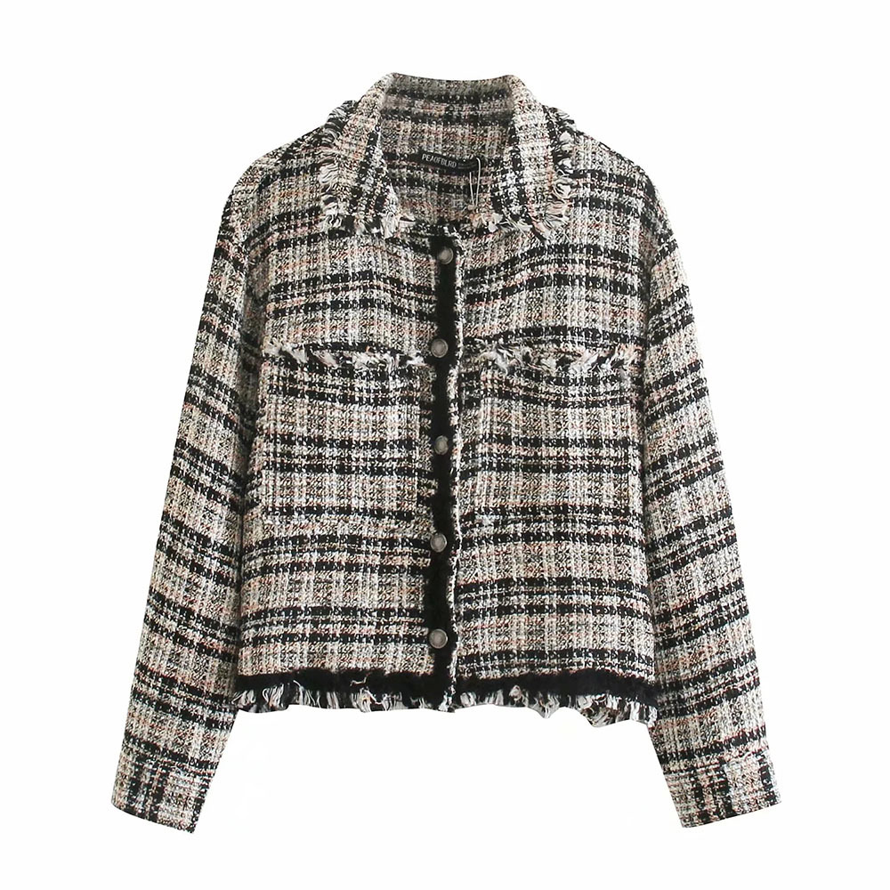 

Fashion Vintage Women Plaid Tweed Jacket Single-breasted Pocket Long Sleeve Female Tassel Decoration Coat Casaco Femme 210520, Multi