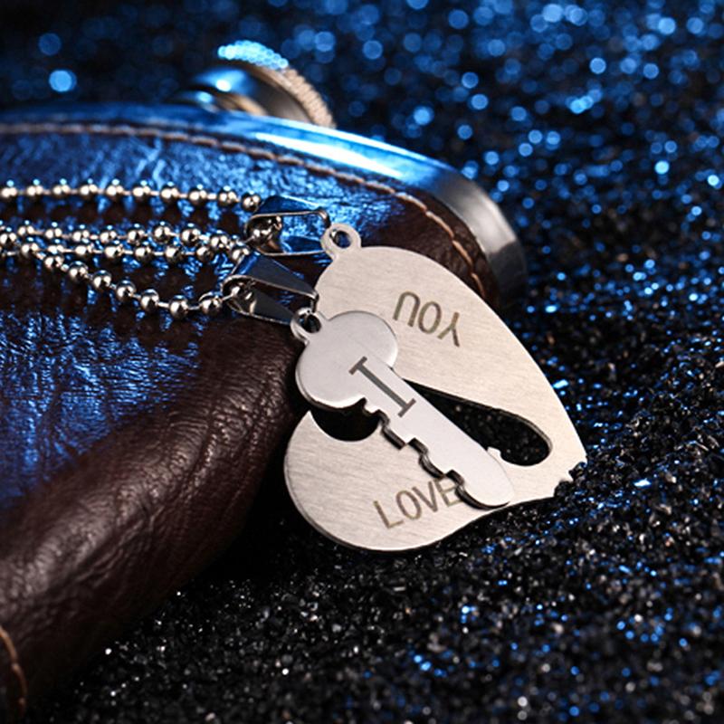 Pendant Necklaces 2Pcs/Set Romantic Couple Engrave I Love You Heart&Key Chains Pendants Silver Color Chain Collares Jewerly Selling-image-708487662