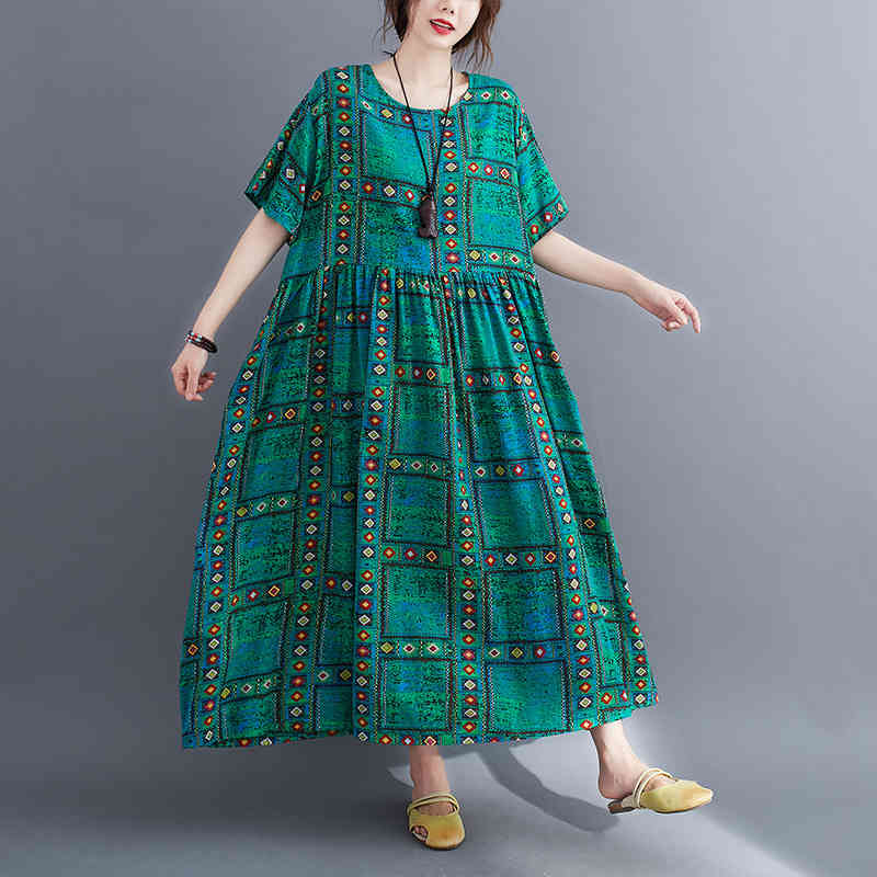 

Johnature Summer Fashion Print O-neck Pockets Women Plus Size Dresses Loose Comfortable Patchwork Short Sleeve Dress 210521, Green