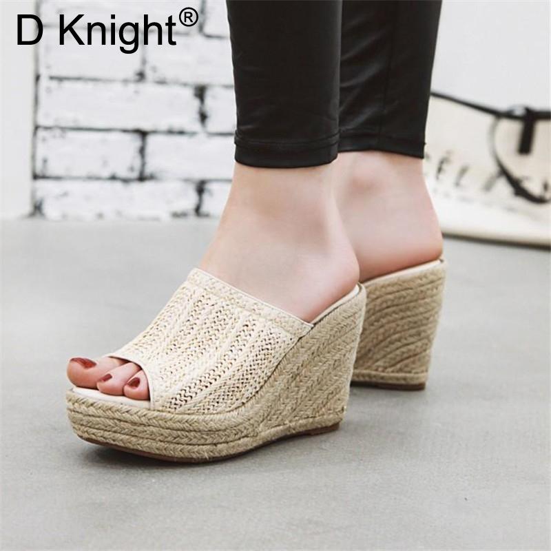 

Slippers Big Size 34-43 Platform Women OpenToe Wedges Sandals Ladies Summer High Heel Espadrilles Shoes Flip Flops Zapatos Mujer, Black