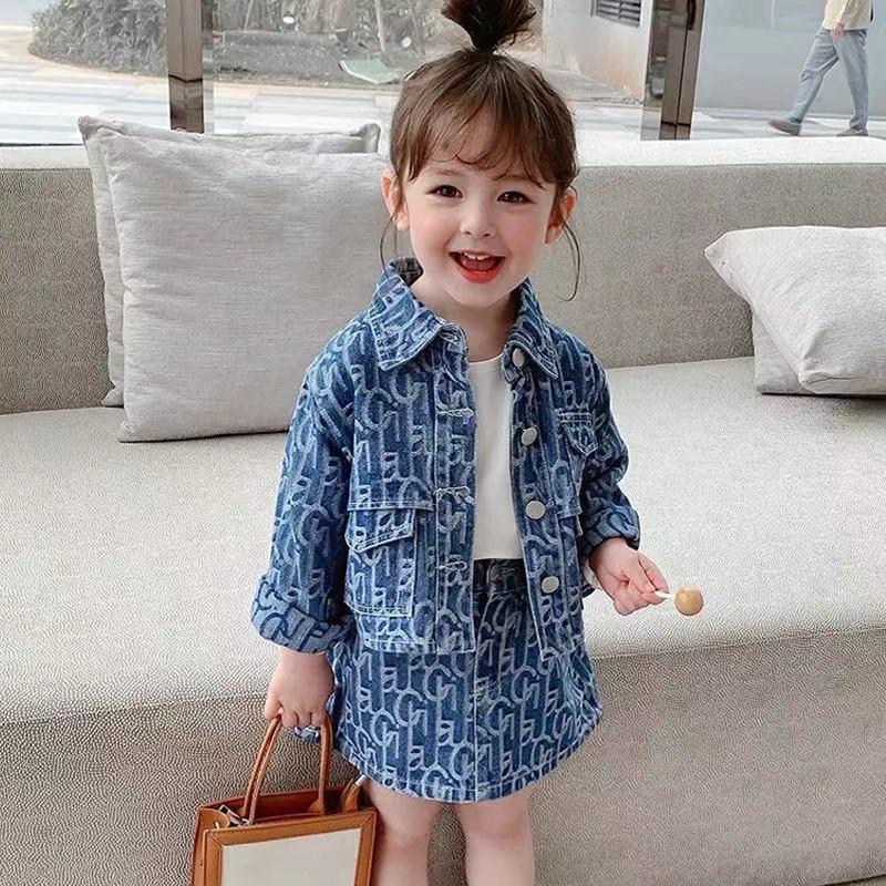 

80-130cm Baby Girl Denim Jacket And Skirts 2pcs Sets For Toddler Kids Printed Long Sleeve Coat + Skirt Fashion Girls Jeans Suits Clothing, White