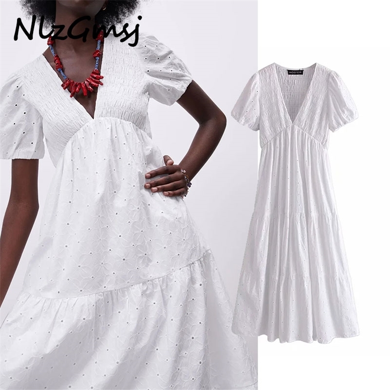 

Dres Maxi Summer Deep V-neck Slim Patchwork Hollow Out White Beach es 04 210628, As picture