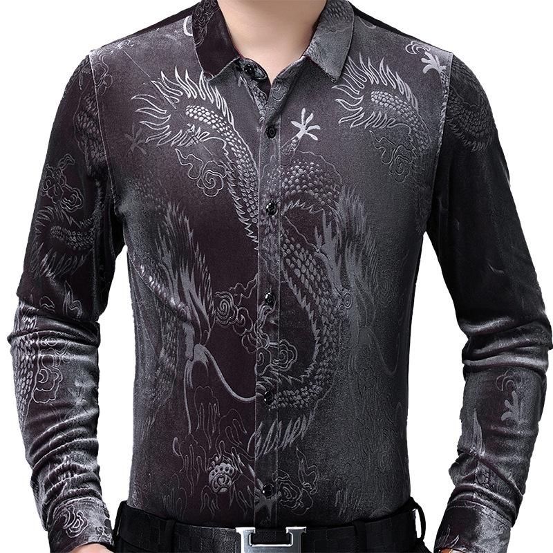 

Men's Casual Shirts Autumn Mens Winter Dragon Pattern Printing Bussiness Long Sleeve Gold Velvet Shirt High Quality Men -4XL, Black