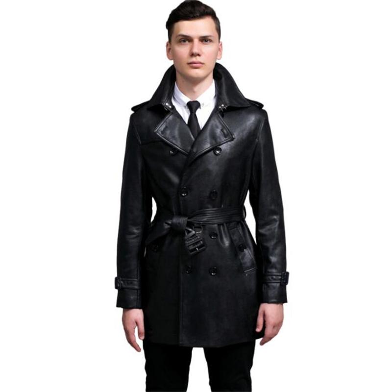 

Black Mens Pu Leather Trench Coats Man Medium Length Coat Men Fashion Clothes Slim Fit Overcoat Long Sleeve 2021 Designer Men