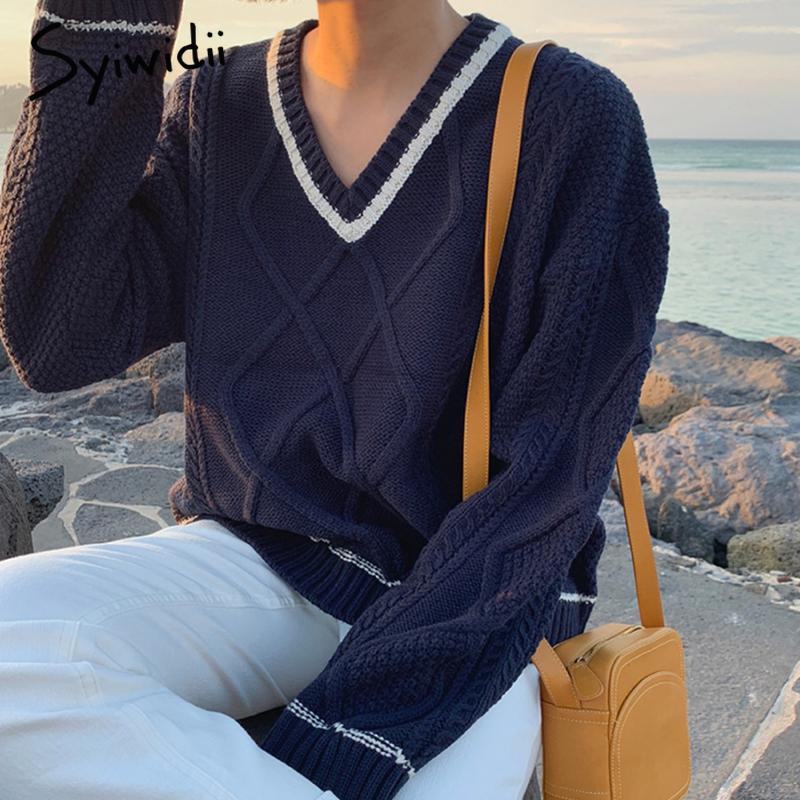 

Women's Sweaters Syiwidii Loose Sweater Women Vintage Chic Long Sleeve Knit Top Korean V-Neck Oversized Pullover Female Casual Patchwork Clo, Beige