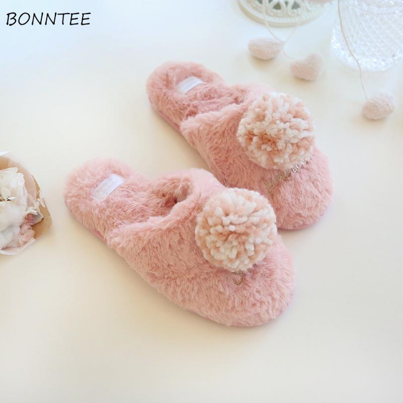 

Slippers Winter Women Sweet Plush Soft Warm Indoor Home Slipper Womens Faux Fur Sliders Cotton Non-slip Shoes Simple Pink, Black