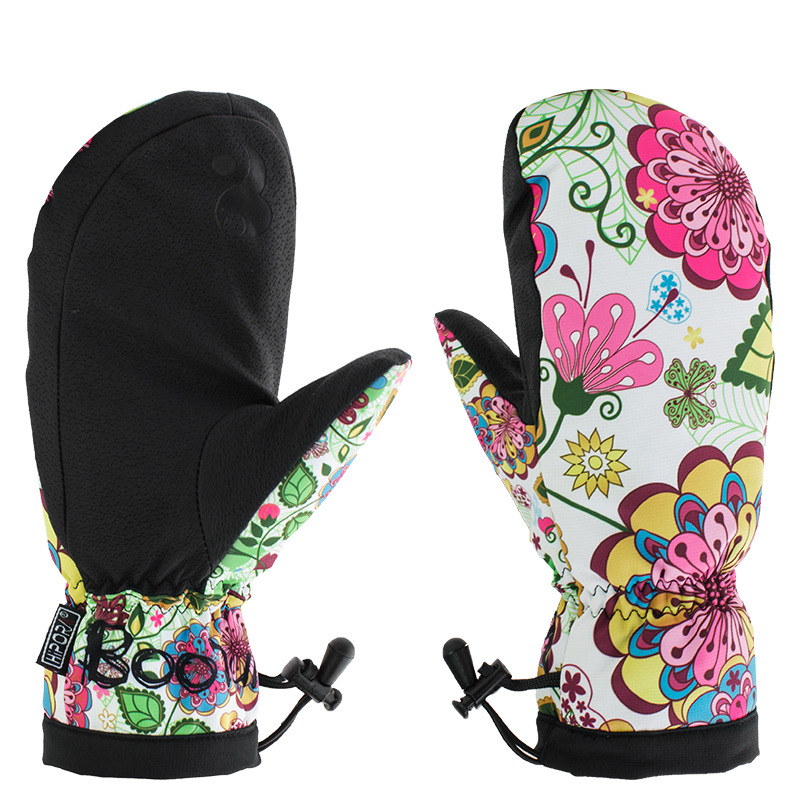 

Winter Ski Gloves Women Warm Waterproof Windproof Snow Skiing and Snowboarding Sports Gloves Antislip PU Palm Snowboard Mittens, White flowers