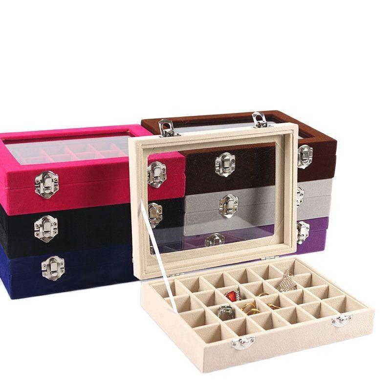 

Jewelry Pouches, Bags 24 Grids With Lid Flannel Ring Box Earrings Display Storage Props Accessories
