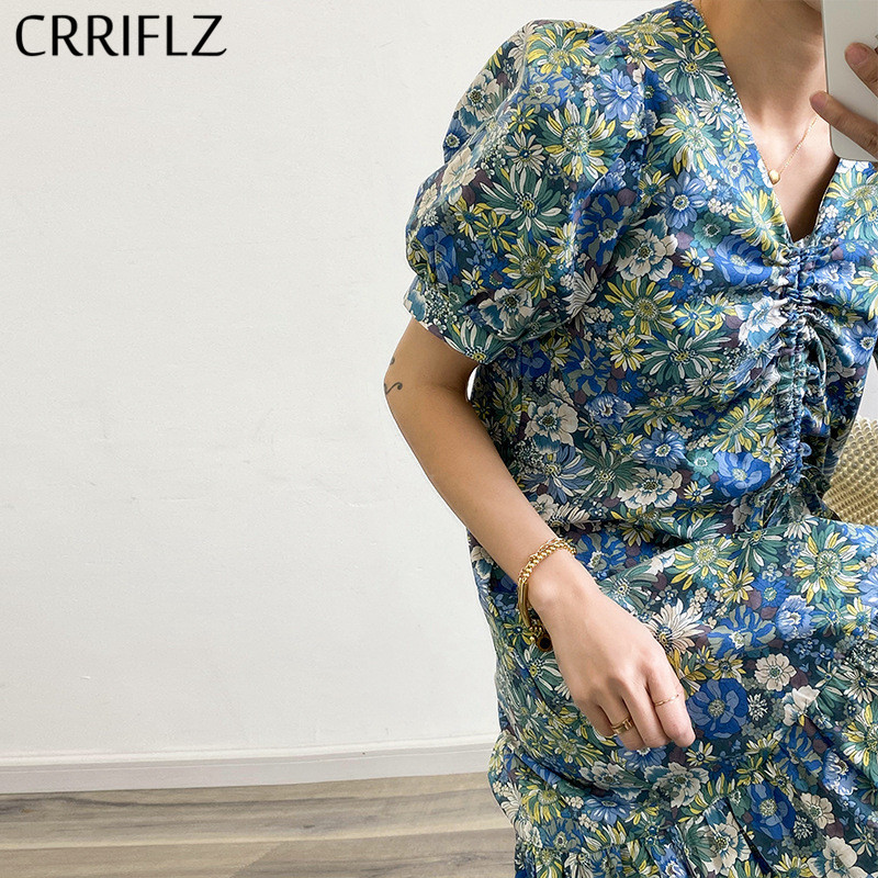 

Summer Cotton Floral Dress Women Casual Puff Sleeve Loose V-neck Drawstring Knee-length CRRIFLZ 210520, Blue