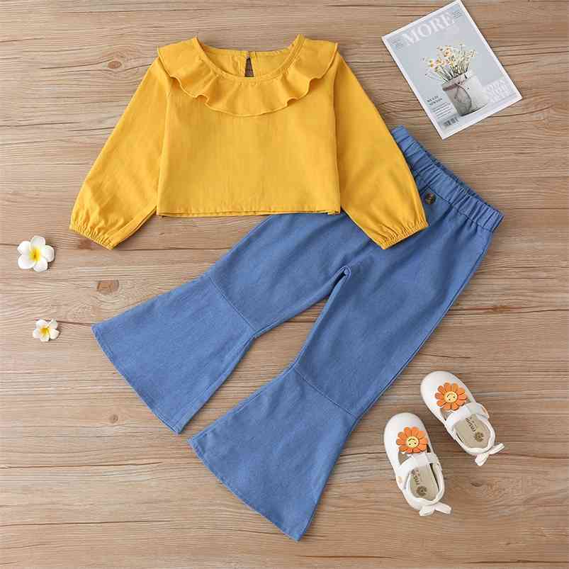 

Winter Children Sets Long Sleeve Peter Pan Collar Yellow T-shirt Blue Flare Pants Cute 2Pcs Girls Boys Clothes 18M-6T 210629