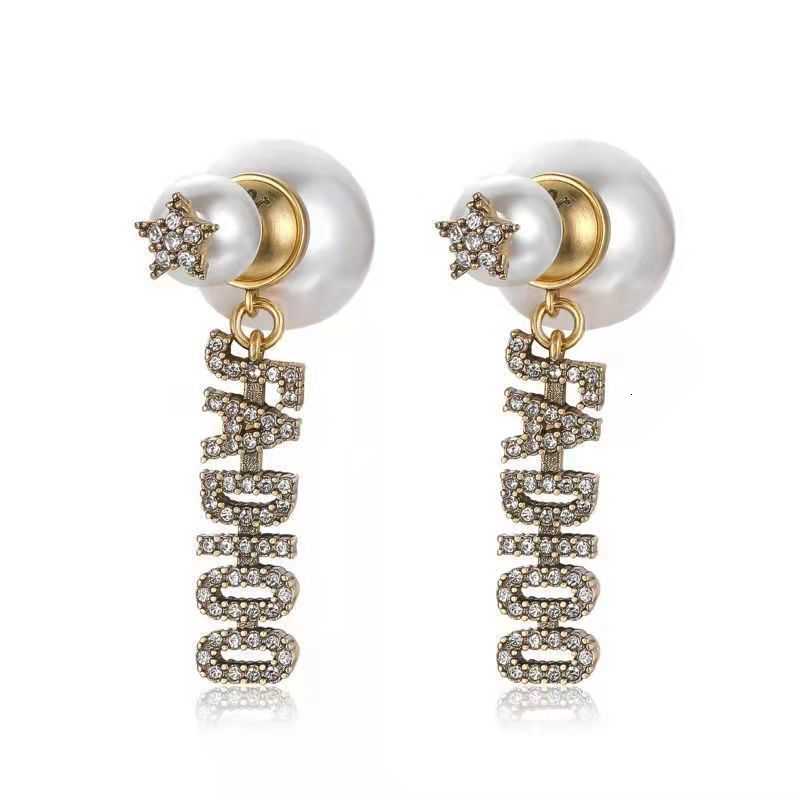 

Charm D / di home letter long pearl earrings Female Star Rhinestone Earrings 925 Pin Jewelry, Golden