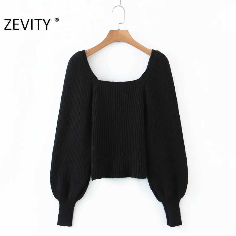 

Zevity Women Vintage Square Collar Lantern Sleeve Casual Knitting Sweater Female Chic Court Style Brand Pullovers Tops S453 210603, Xiaodes s453y