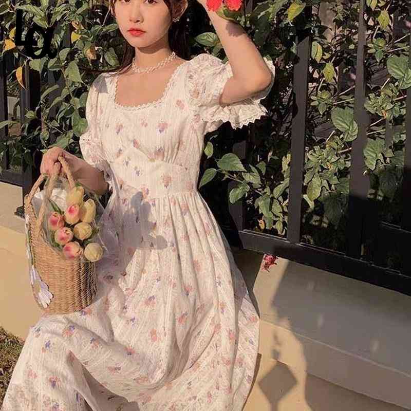 

Summer Print Floral Dress Women Elegant Sweet Kawaii Female High Haist French Party Beach Outdoor 210519, White