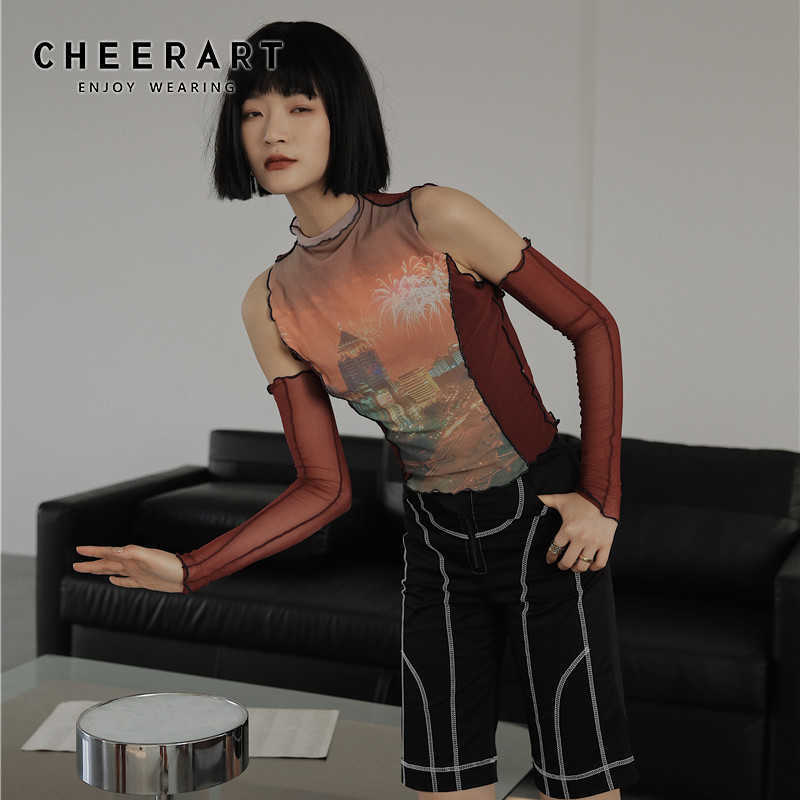 

CHEERART Mesh Turtleneck Tshirt Night Scene Graphic Tees Women Off Shoulder Transparent Top Red Summer T Shirts Fashion 210702, Beige