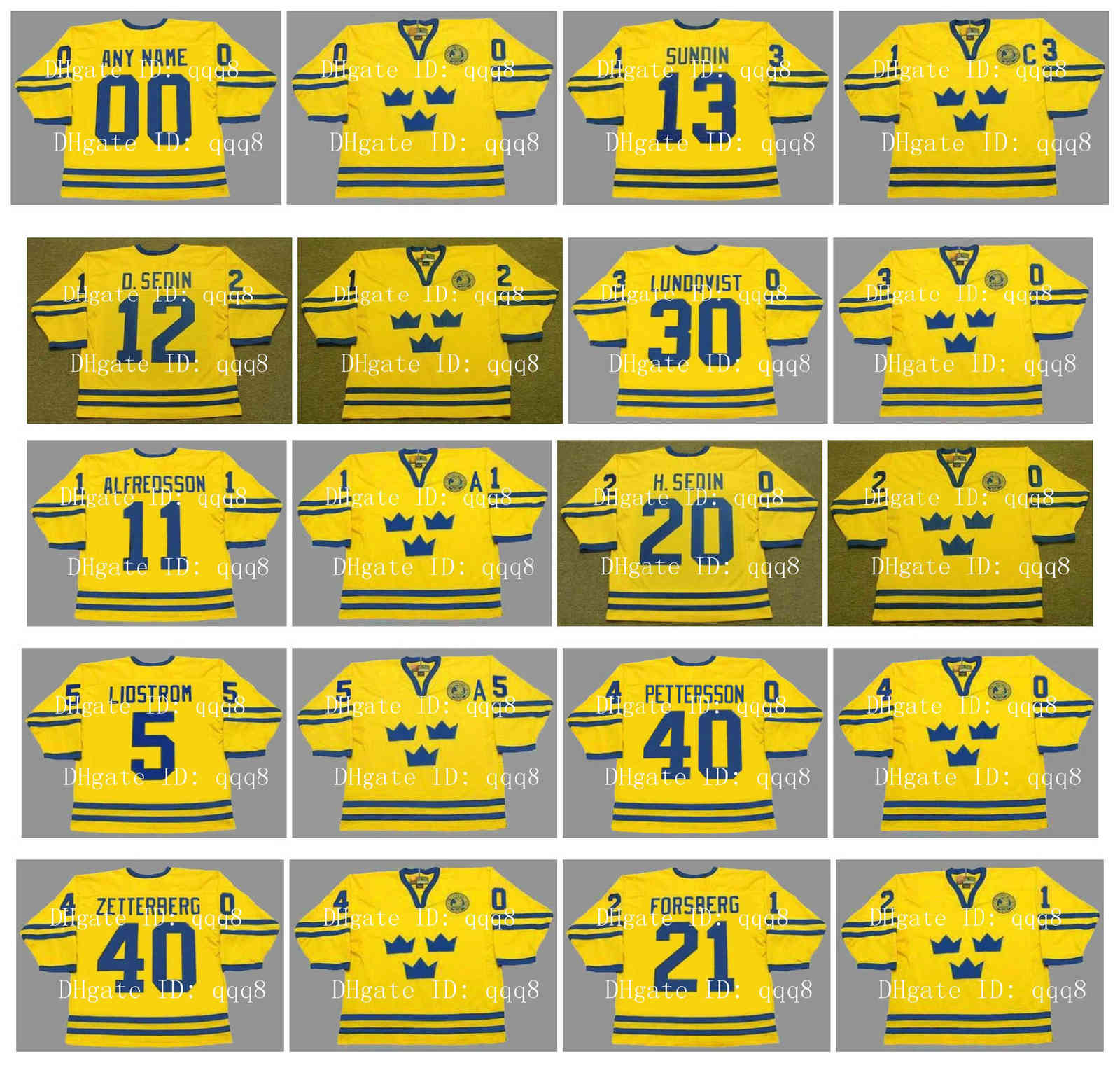 

Vintage 2002 Team Sweden Jerseys 30 HENRIK LUNDQVIST 13 MATS SUNDIN 21 PETER FORSBERG 11 DANIEL ALFREDSSON 22 HENRIK SEDIN Custom Hockey, Any name number