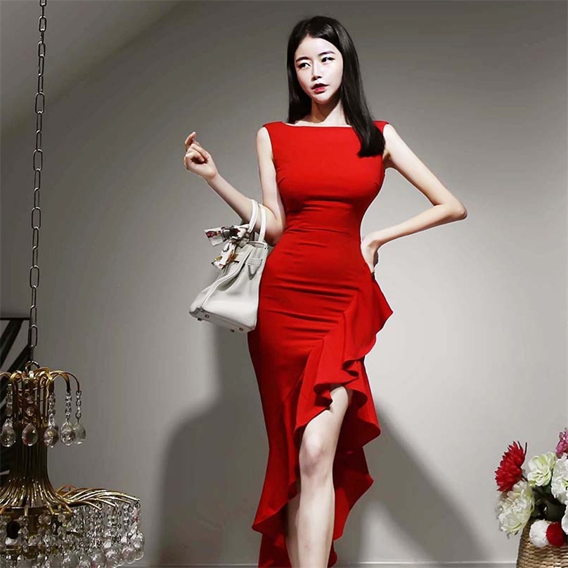 

irregular Red sexy dress korean ladies Summer Sleeveless Crew neck cabaret Maxi party Dresses for women 210602