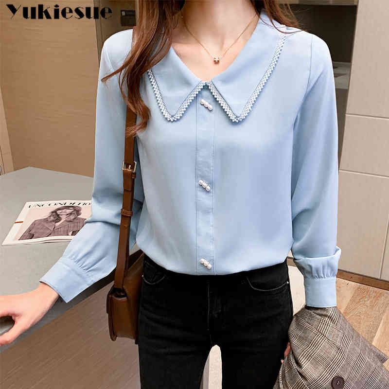 

Winter shirt women fashion doll neck French pin bead lace Long Sleeve Chiffon Top 210518, Blue