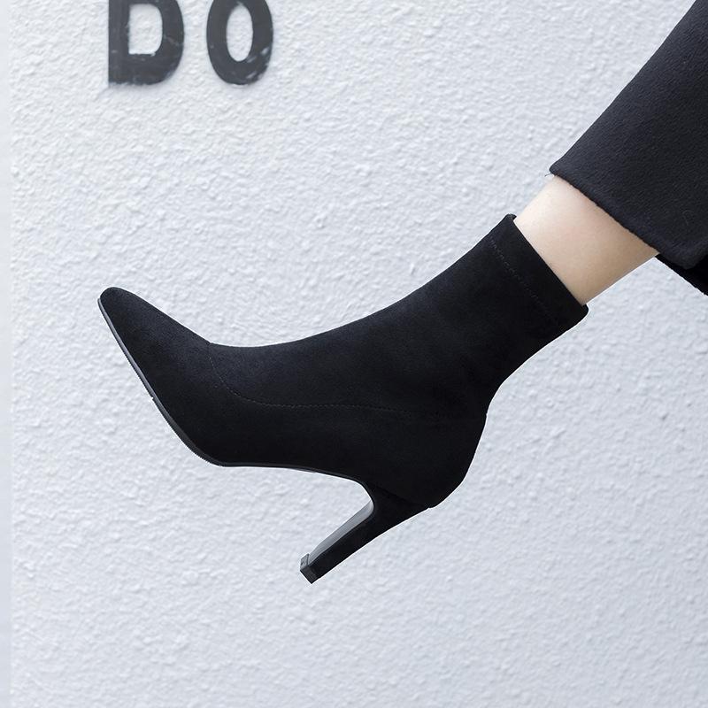 

Boots Leather Lining Suede Elastic 2021 Special Price High Autumn Winter Pointed Short Thick Heel, Black