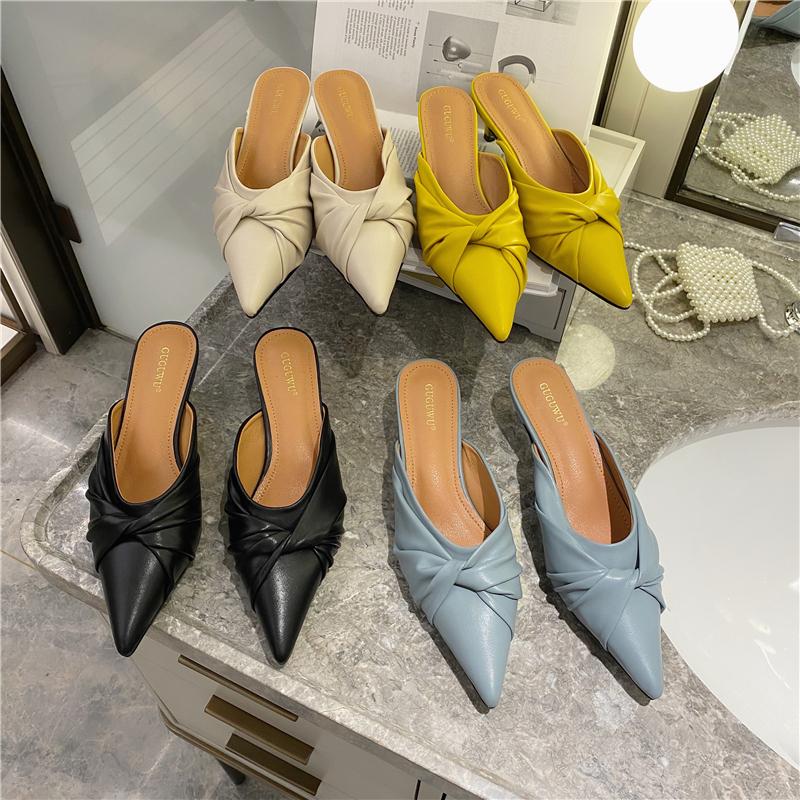 

Slippers Women Mules Shoes Leather Designers Pleated Pointed Toe Outside Dress Casual Woman Sandal Yellow Summer Med Heels Slide, Black