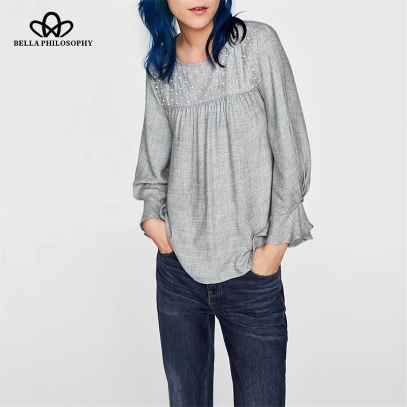 

spring women full sleeve casual blusas patchwork ladies O Neck blouse flare leeve female beading shirt 210519, Gray