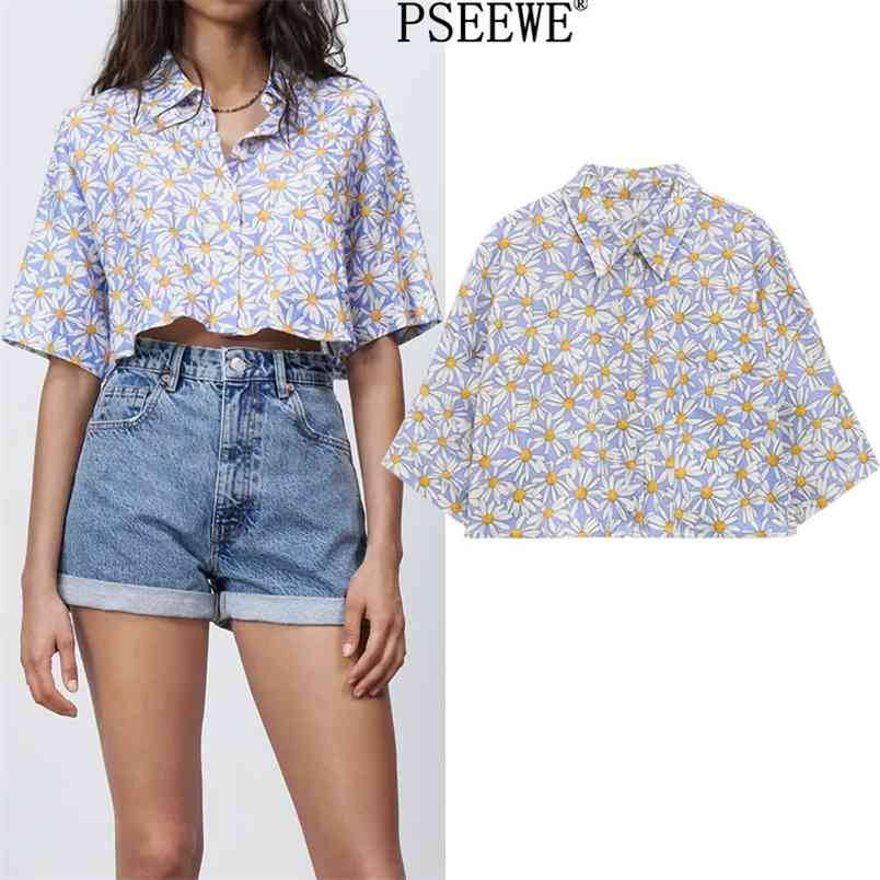 

Blue Daisy Print Women Shirts Summer Fashion Pockets Crop Top Female Casual Short Sleeve Button Up Beach Shirt 210519, Sky blue