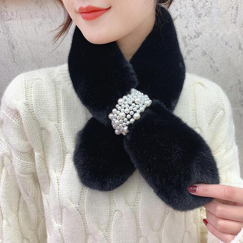 

Scarves Korean Women's Soft Artificial Fur Cross Pearl Scarf Winter Plush Thick Warmth Solid Color Autumn O51, Blue;gray