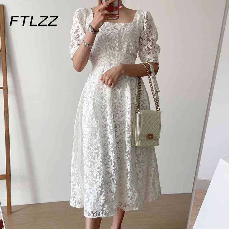 

Women Elegant Lace Dress Summer Vintage Square Collar Hollow Out Crochet Office Midi Dresses Woman Korean A Lilne Long Robe 210602, White