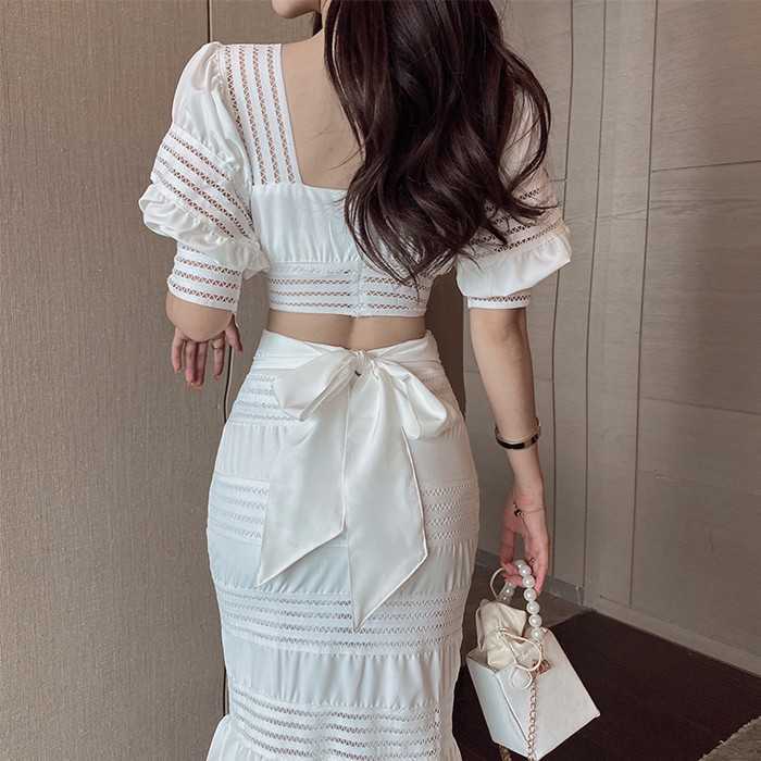 

Summer 2pcs Set Women Boho Elegant Square Collar Puff Sleeve Sexy Crop Top + High Waist Bodycon Bowknot Mermaid Skirt Suit 210526, White