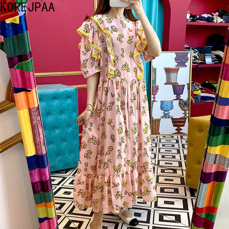 

Korejpaa Women Dress Summer Age-Reducing Playful Round Neck Floral Lotus Leaf Stitching Design Loose Puff Sleeve Vestidos 210526, Pink
