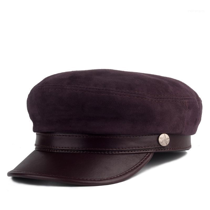 

Berets Men's Spring And Autumn Sheepskin Flat Hat Navy Korean Leather Thin Section British Student Cap Female Tide, Black