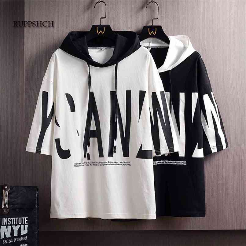 

Hooded T-Shirt Men Five-Point Sleeve Short-Sleeved Summer Loose Letter Trend Japanese 210721, Black