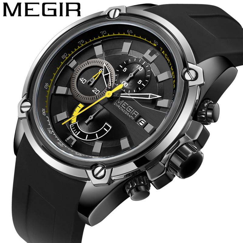 

Wristwatches Relogio Masculino MEGIR Men Watch Top Black Chronograph Wristwatch Date Military Sport Rubber Strap Male Clock 208, Me210602