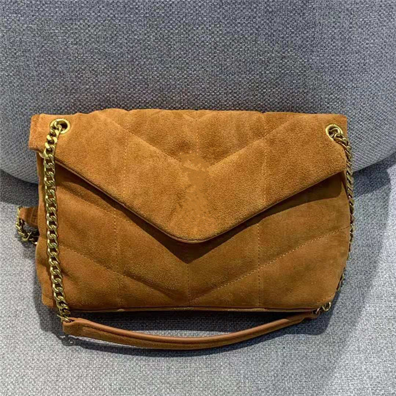 

New Hot Orange Color Suede Leather One Shoulder Bags First layer cowhide Chains Baguette Double Strap V Lines Cross Body Bags Letter Buckle, Brown